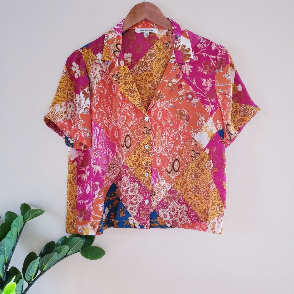 Rose + Olive Paisley Bohemian Button Donw Blouse - Multi M (Like NEW)